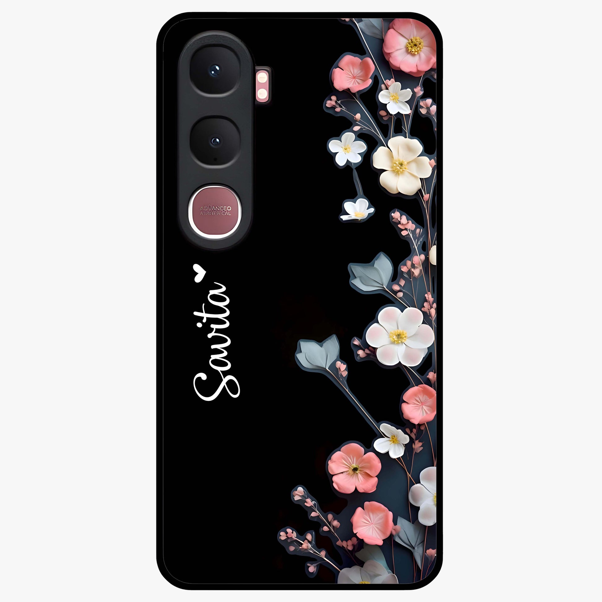 Black Elegance Floral Custom Name Glass Case showing flat back view with elegant floral artwork and personalized name design.