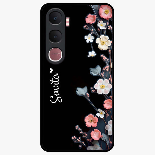 Black Elegance Floral Custom Name Glass Case showing flat back view with elegant floral artwork and personalized name design.