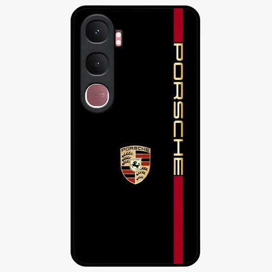 Black Minimal Porsche Glass Case showing flat back view with sleek minimal sports car artwork and glossy glass finish.