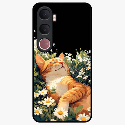 Blissful Bloom Cat Glass Case showing flat back view with cute cat and floral bloom artwork and glossy glass finish.