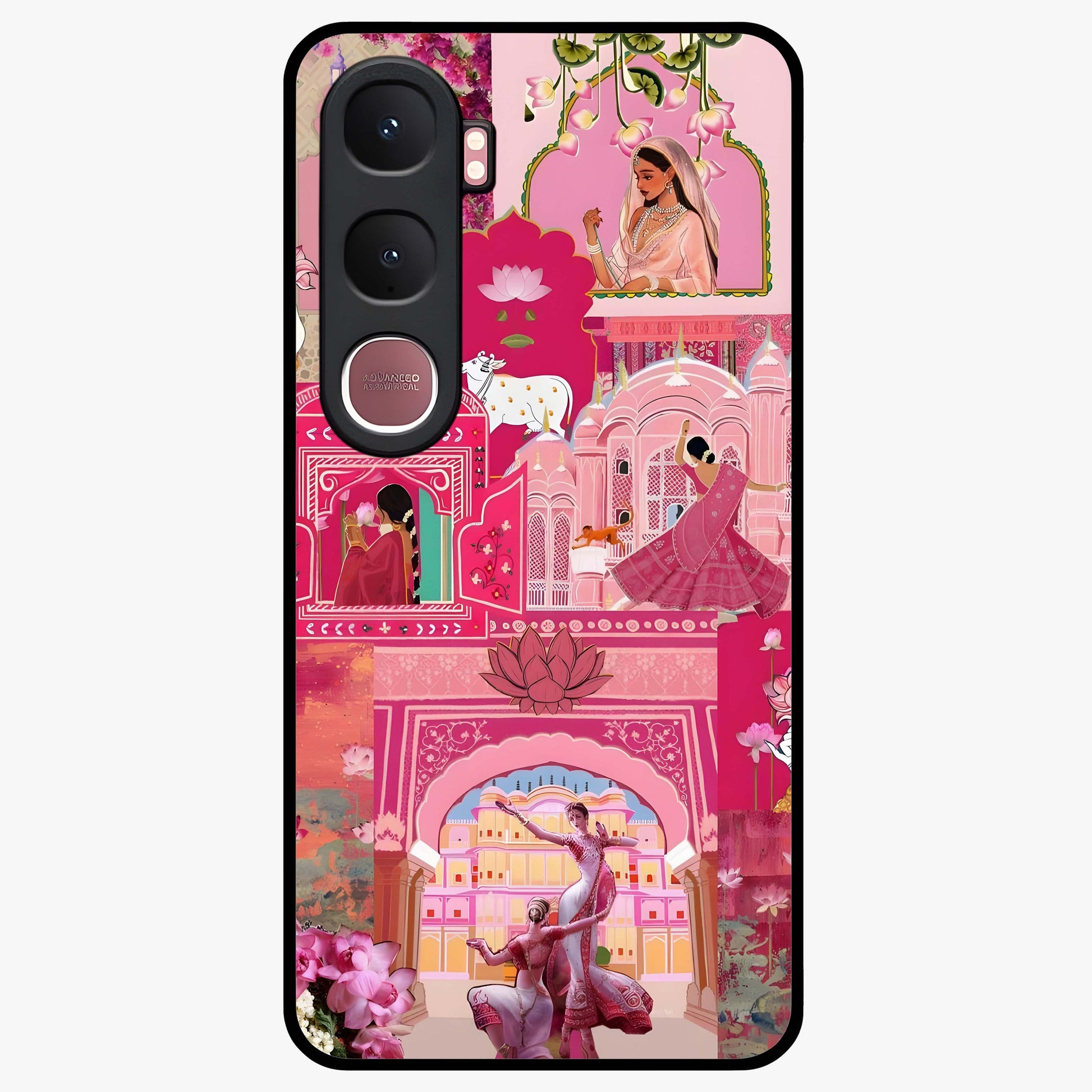 Blossoms of Rajasthan Glass Case showing flat back view with traditional floral artwork inspired by Rajasthan and glossy glass finish.