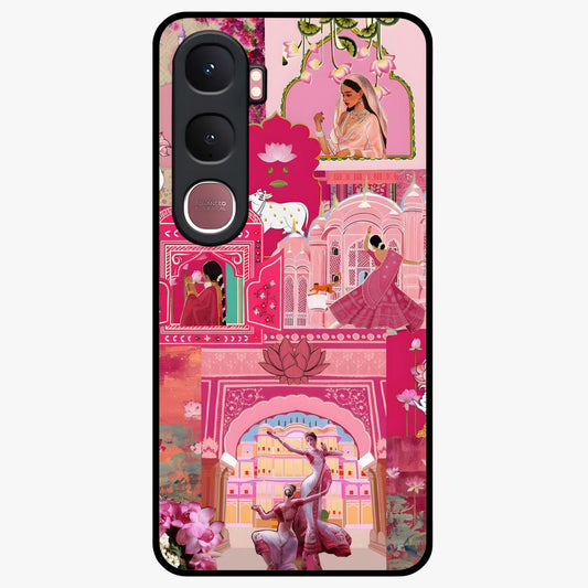 Blossoms of Rajasthan Glass Case showing flat back view with traditional floral artwork inspired by Rajasthan and glossy glass finish.