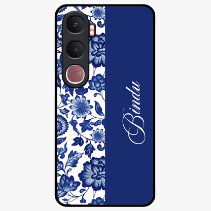 Blue Vintage Floral Pattern Glass Case upright view showcasing timeless floral illustration with vintage inspired style.
