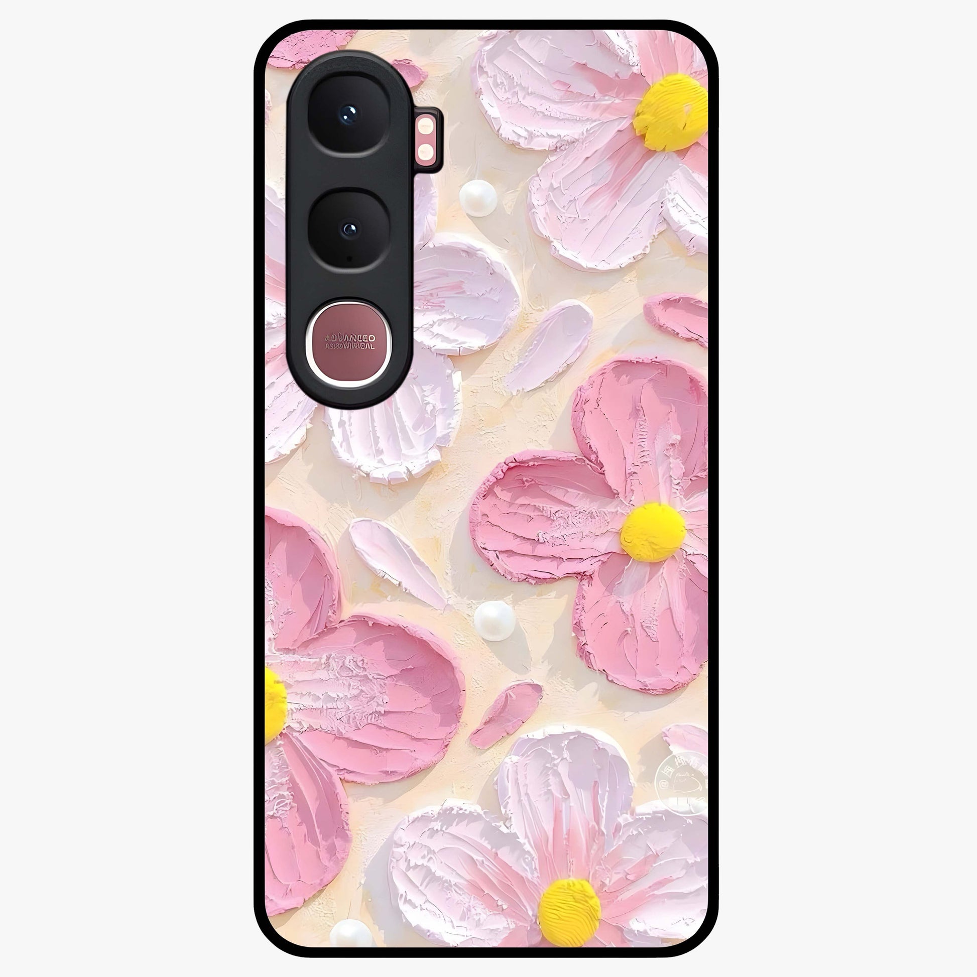 Blush Bloom Texture Glass Case showing flat back view with soft blush floral texture artwork and glossy glass finish.