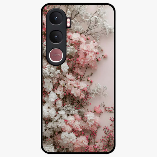 Blush Blossom Cloud Glass Case showing flat back view with dreamy blush cloud blossom artwork and glossy glass finish.