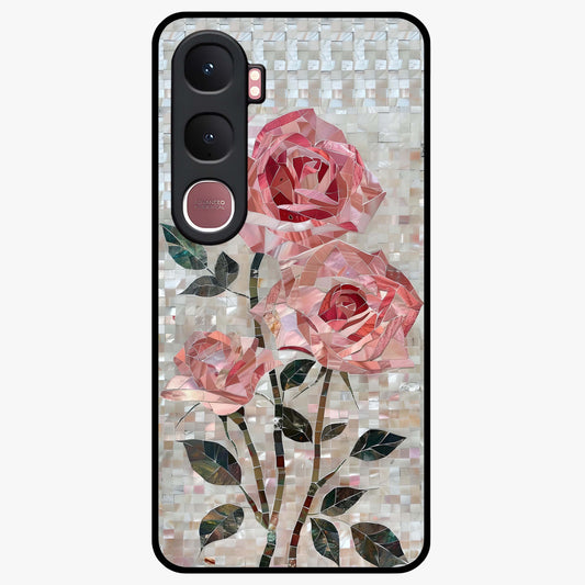 Blush Mosaic Bloom Glass Case showing flat back view with mosaic floral bloom artwork and glossy glass finish.