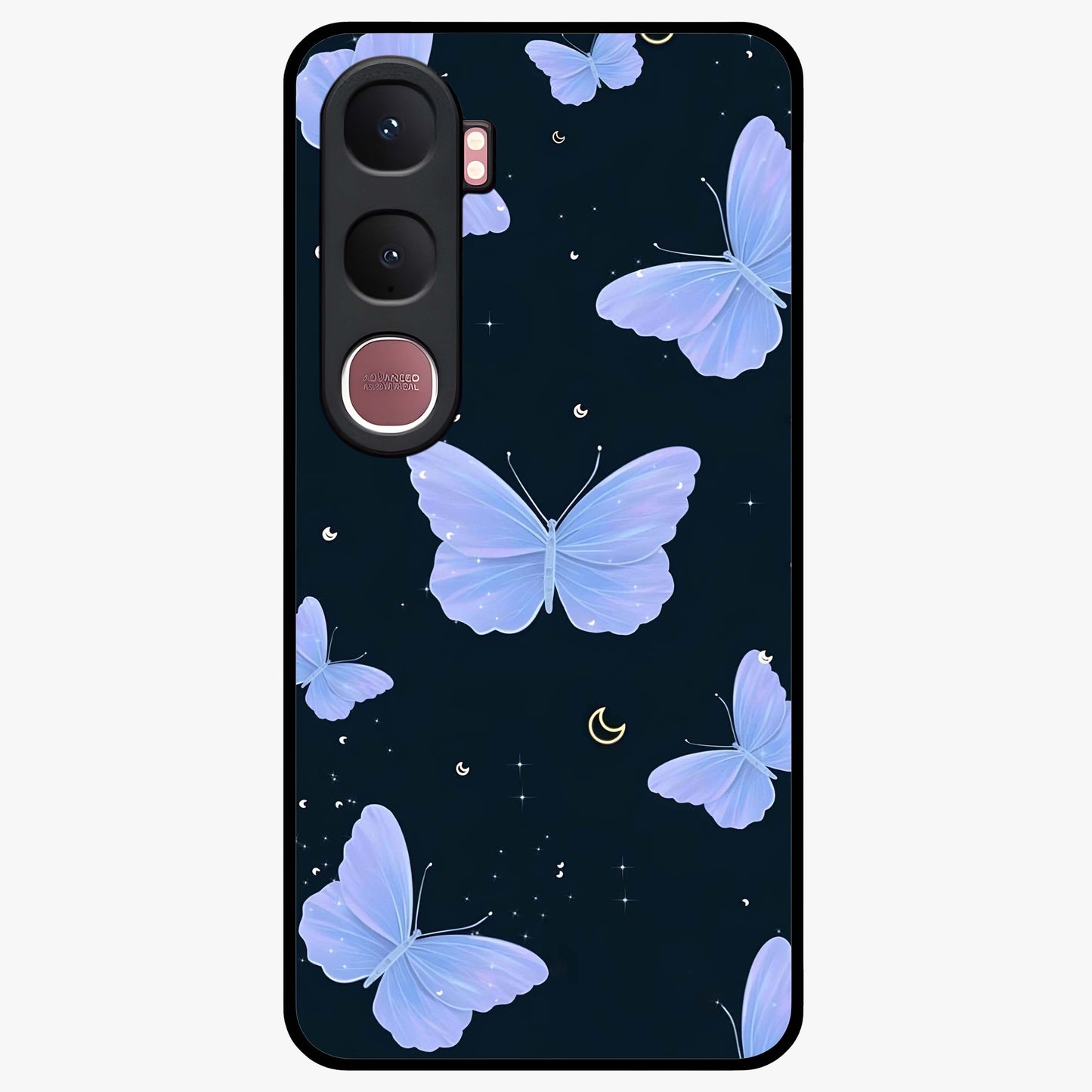 Butterfly With Stars Pattern Glass Case showing flat back view with butterfly and star pattern artwork and glossy glass finish.