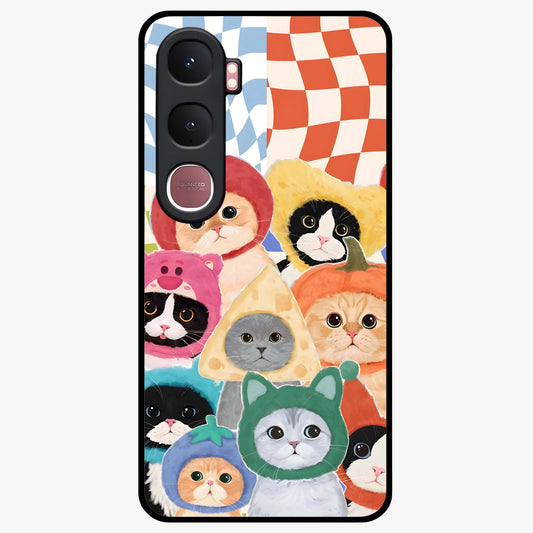Cats in Fruits Glass Case showing flat back view with playful cat illustrations inside fruit artwork and glossy glass finish.