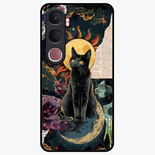 Celestial Black Cat Glass Case showing flat back view with mystical black cat artwork and glossy glass finish.