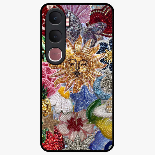 Celestial Floral and Playful Glass Case showing flat back view with floral and celestial themed artwork and glossy glass finish.