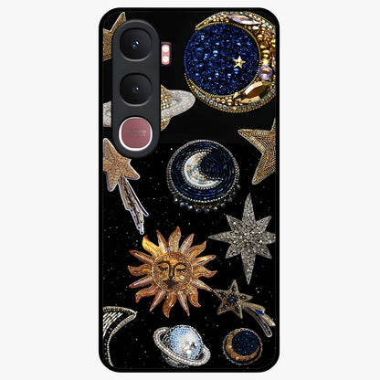 Celestial Gem Constellations Glass Case showing flat back view with sparkling constellation artwork and glossy glass finish.