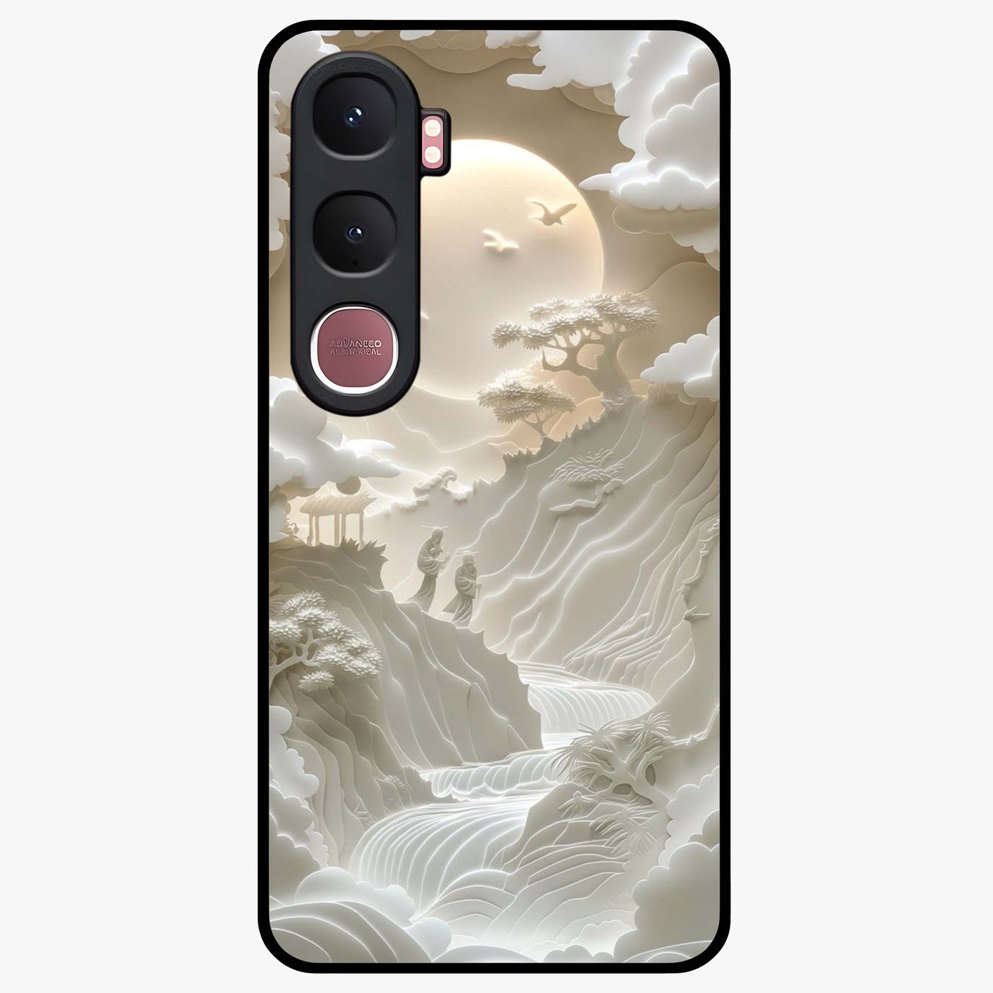 Celestial Origami Glass Case showing flat back view with artistic origami inspired celestial artwork and glossy glass finish.