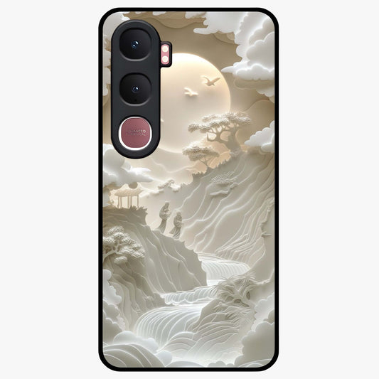 Celestial Origami Glass Case showing flat back view with artistic origami inspired celestial artwork and glossy glass finish.