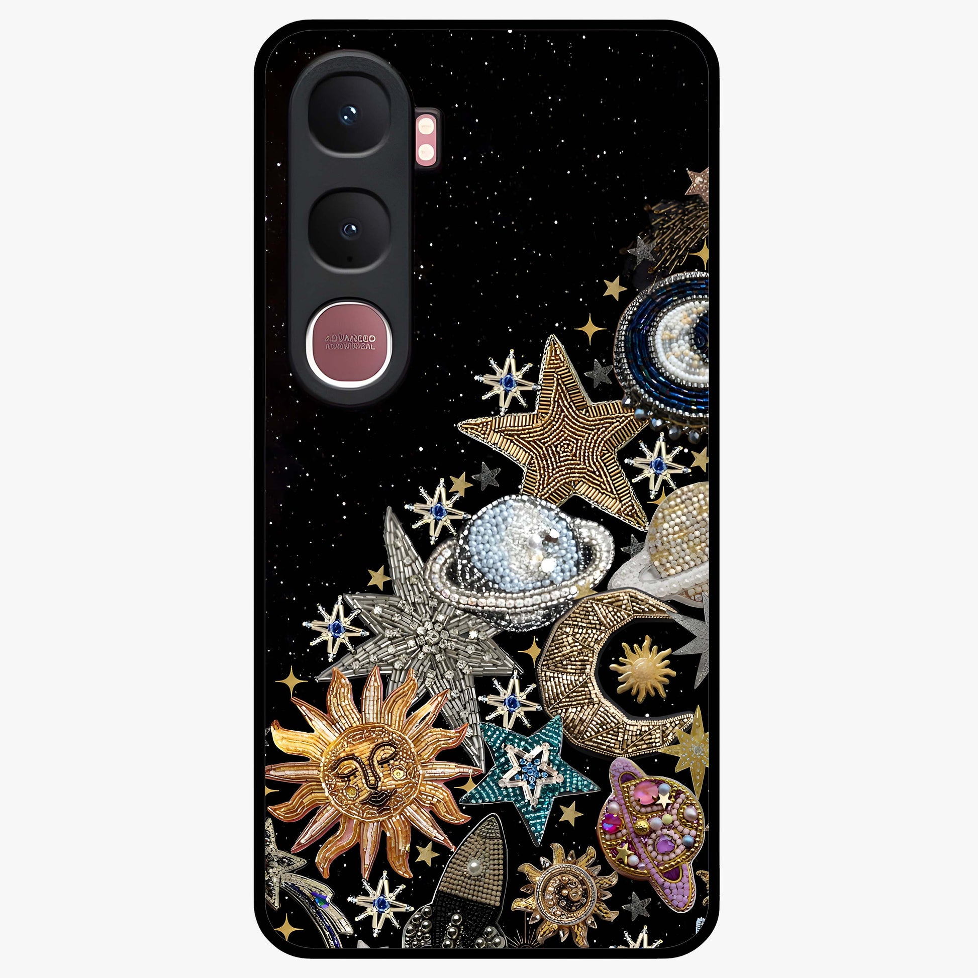 Cosmic Sparkle Dreams Glass Case showing flat back view with sparkling cosmic artwork and glossy glass finish.