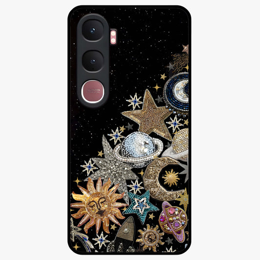 Cosmic Sparkle Dreams Glass Case showing flat back view with sparkling cosmic artwork and glossy glass finish.
