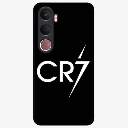 Cr7 Elite Strike Glass Case showing flat back view with dynamic football inspired artwork and glossy glass finish.