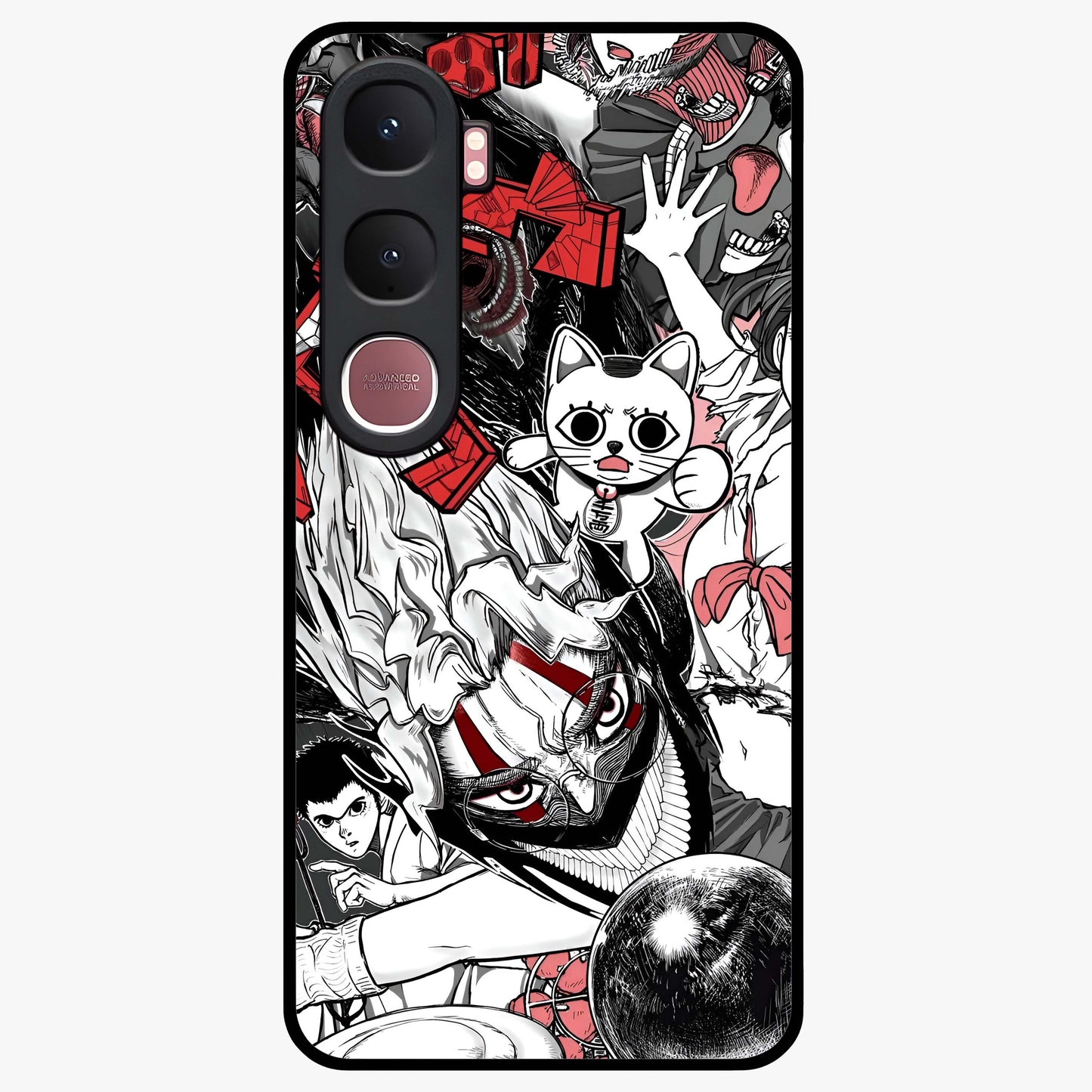 Crimson Chaos Panel Glass Case showing flat back view with bold crimson abstract artwork and glossy glass finish.