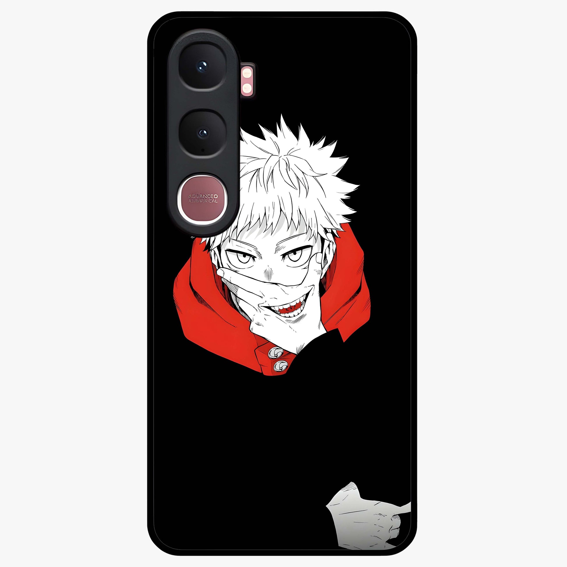 Crimson Chaos Smile Glass Case showing flat back view with bold chaotic smile artwork and glossy glass finish.