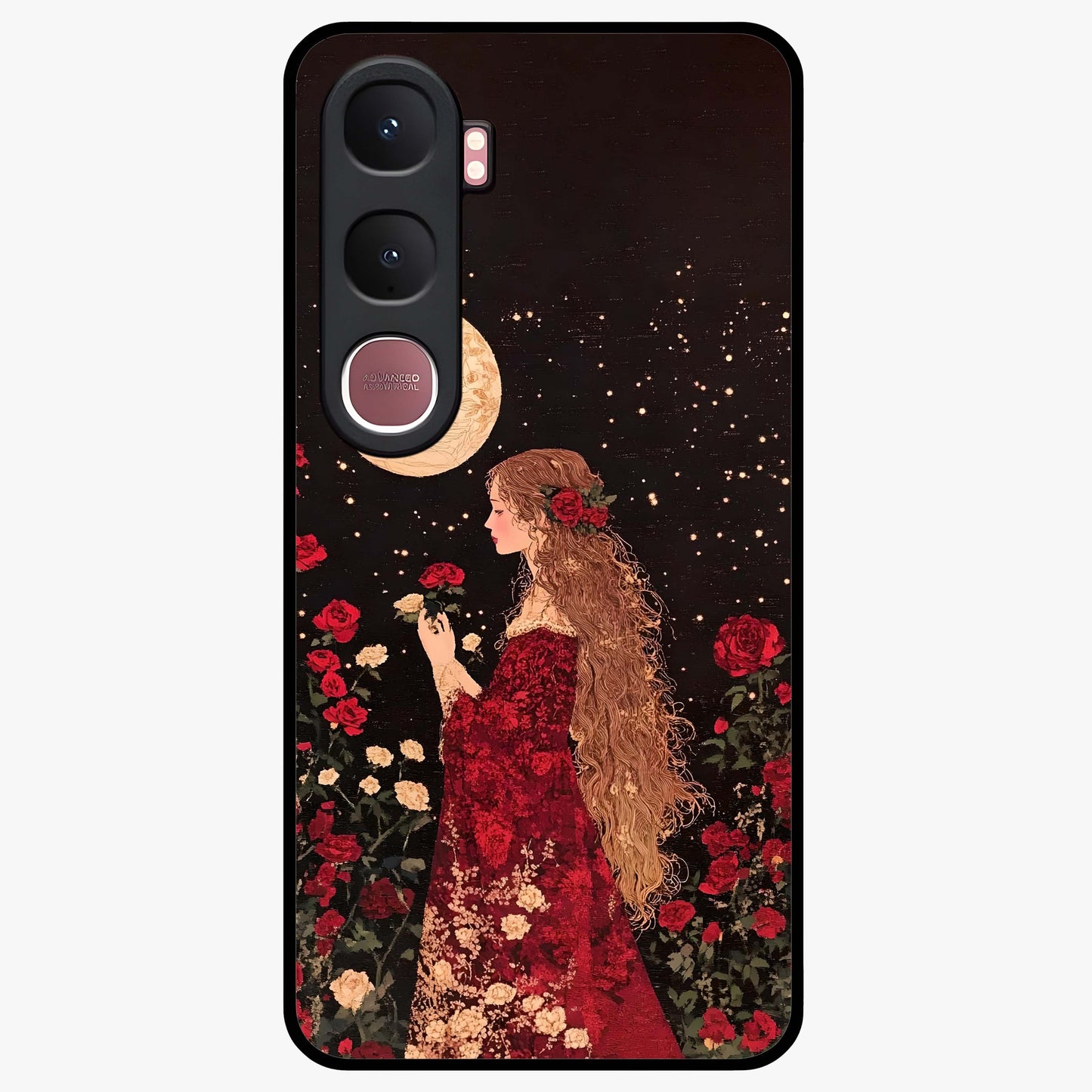 Crimson Dreams Glass Case showing flat back view with dreamy crimson artwork and glossy glass finish.