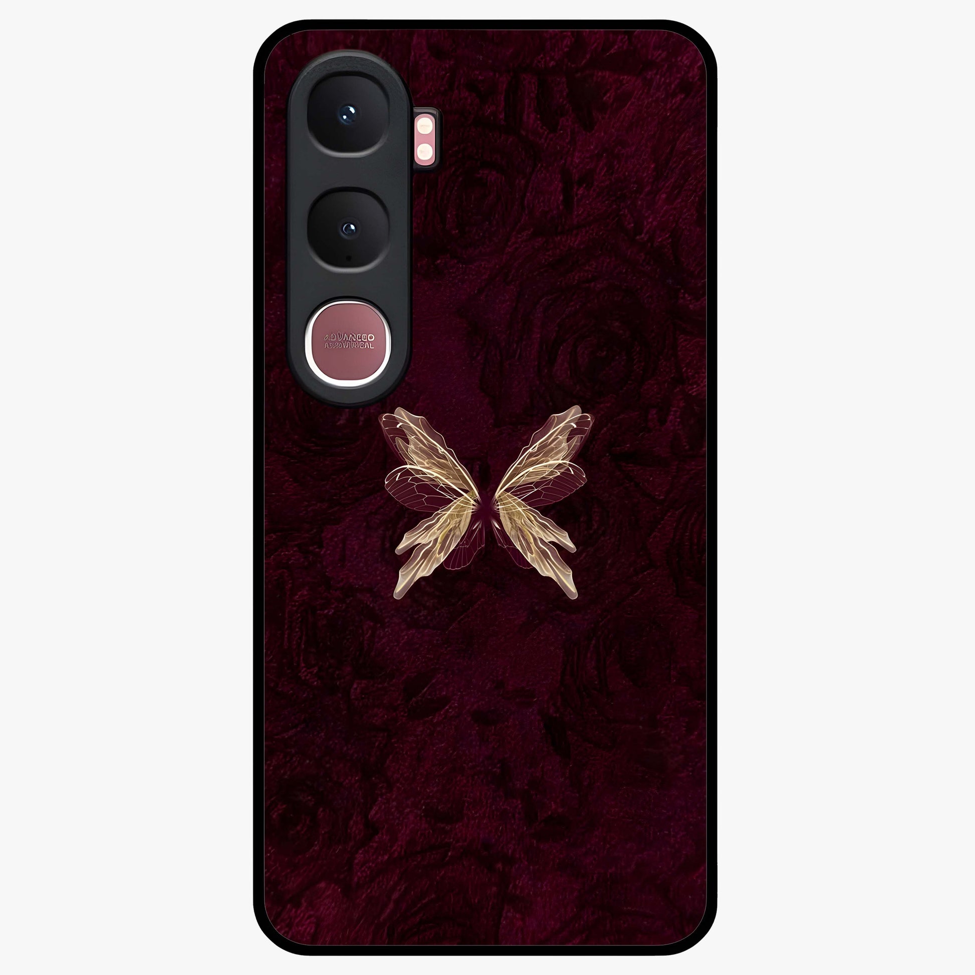 Crimson Fade Butterfly Glass Case showing flat back view with fading butterfly artwork and glossy glass finish.