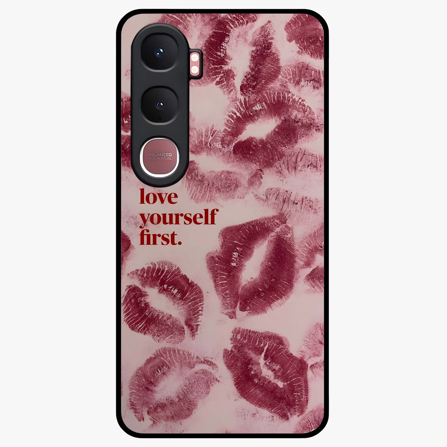 Crimson Kiss Love Glass Case showing flat back view with romantic crimson themed artwork and glossy glass finish.