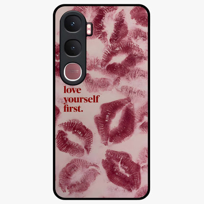 Crimson Kiss Love Glass Case showing flat back view with romantic crimson themed artwork and glossy glass finish.