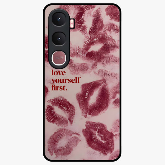 Crimson Kiss Love Glass Case showing flat back view with romantic crimson themed artwork and glossy glass finish.