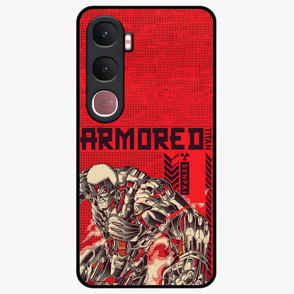 Crimson Mecha Titan Glass Case showing flat back view with powerful mech titan artwork and glossy glass finish.