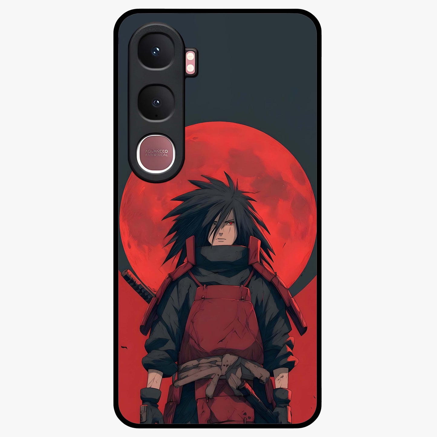 Crimson Moon Warlord Glass Case showing flat back view with mystical moon warrior artwork and glossy glass finish.