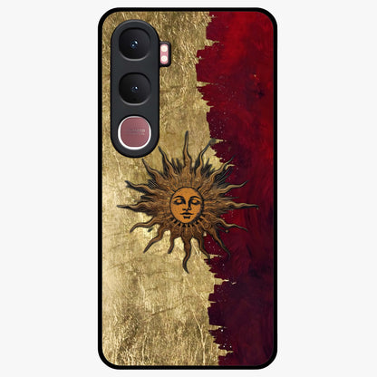 Crimson Sun Majesty Glass Case showing flat back view with radiant sun inspired artwork and glossy glass finish.