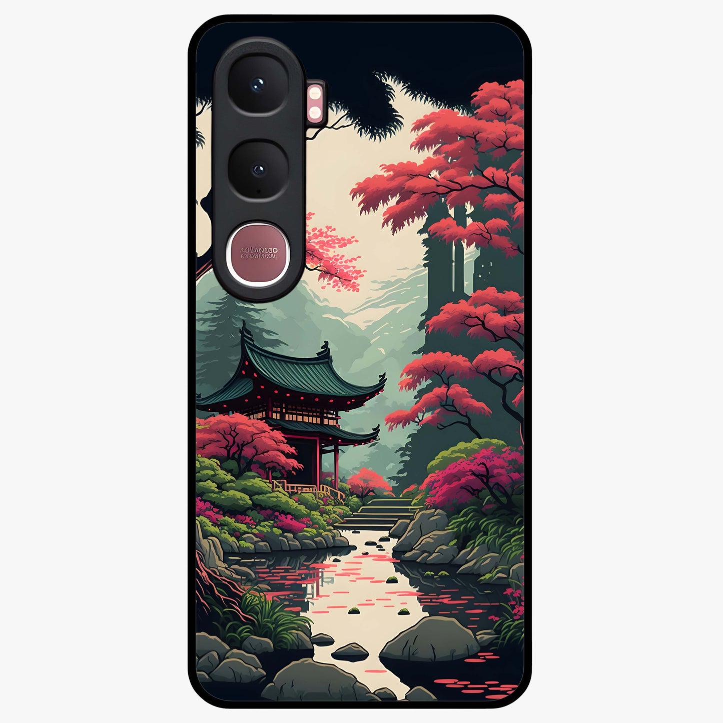 Crimson Temple View Glass Case showing flat back view with temple inspired artwork and glossy glass finish.