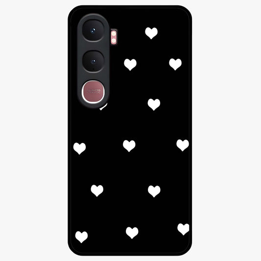 Cute And Simple White Hearts Glass Case showing flat back view with minimal white heart pattern and glossy glass finish.