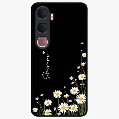 Daisy Cascade Custom Name Glass Case showing flat back view with cascading daisy flowers and personalized name design.