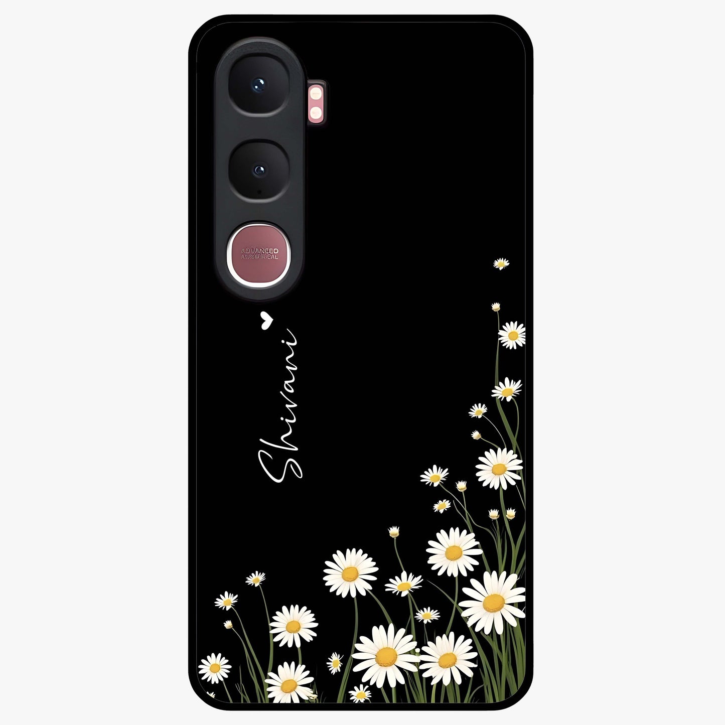 Daisy Cascade Custom Name Glass Case showing flat back view with cascading daisy flowers and personalized name design.