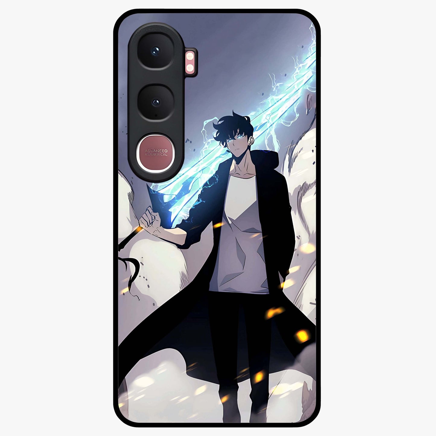 Dark Lightning Anime Warrior Glass Case showing flat back view with intense anime warrior artwork and glossy glass finish.