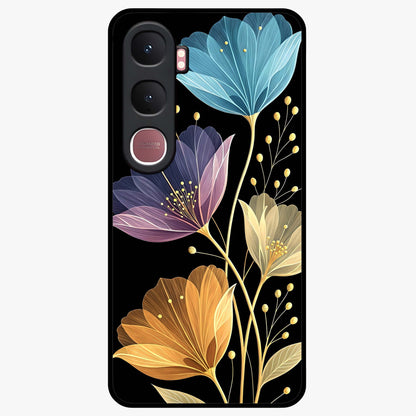 Delicate Multicolor Flowers Glass Case showing flat back view with vibrant floral artwork and glossy glass finish.