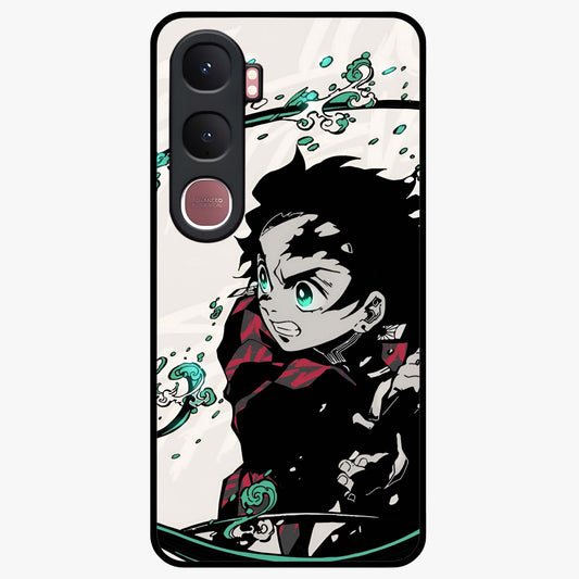 Demon Slayer Glass Case showing flat back view with bold anime inspired artwork and glossy glass finish.