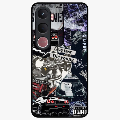 Die Young Glass Case showing flat back view with bold artistic typography design and glossy glass finish.