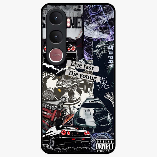 Die Young Glass Case showing flat back view with bold artistic typography design and glossy glass finish.