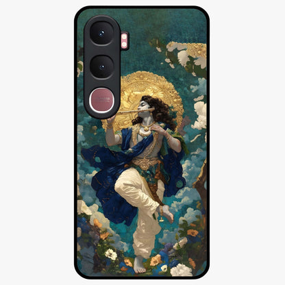 Divine Krishna Art Glass Case showing flat back view with Lord Krishna artwork and glossy glass finish.