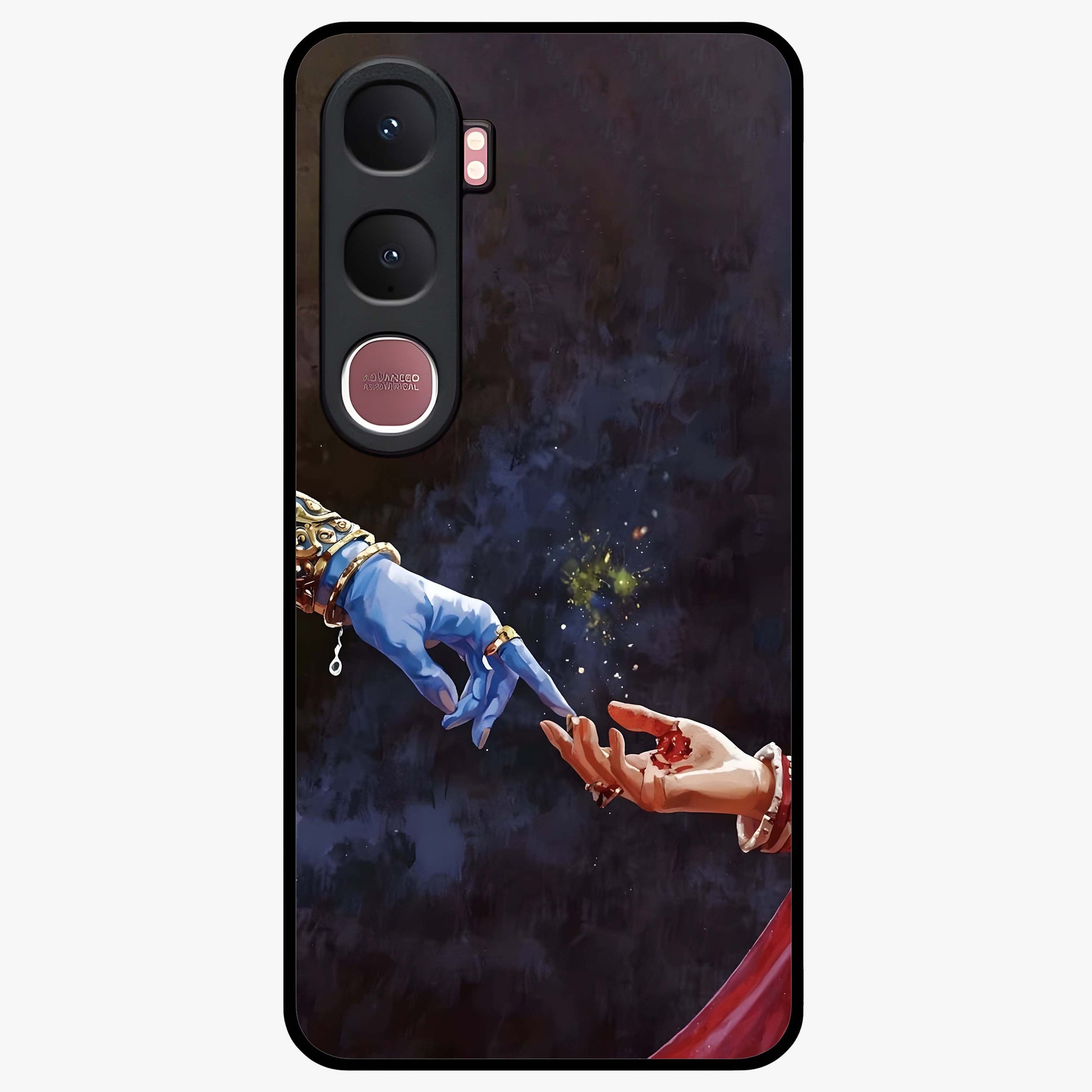 Divine Touch Eternal Glass Case showing flat back view with spiritual themed artwork and glossy glass finish.
