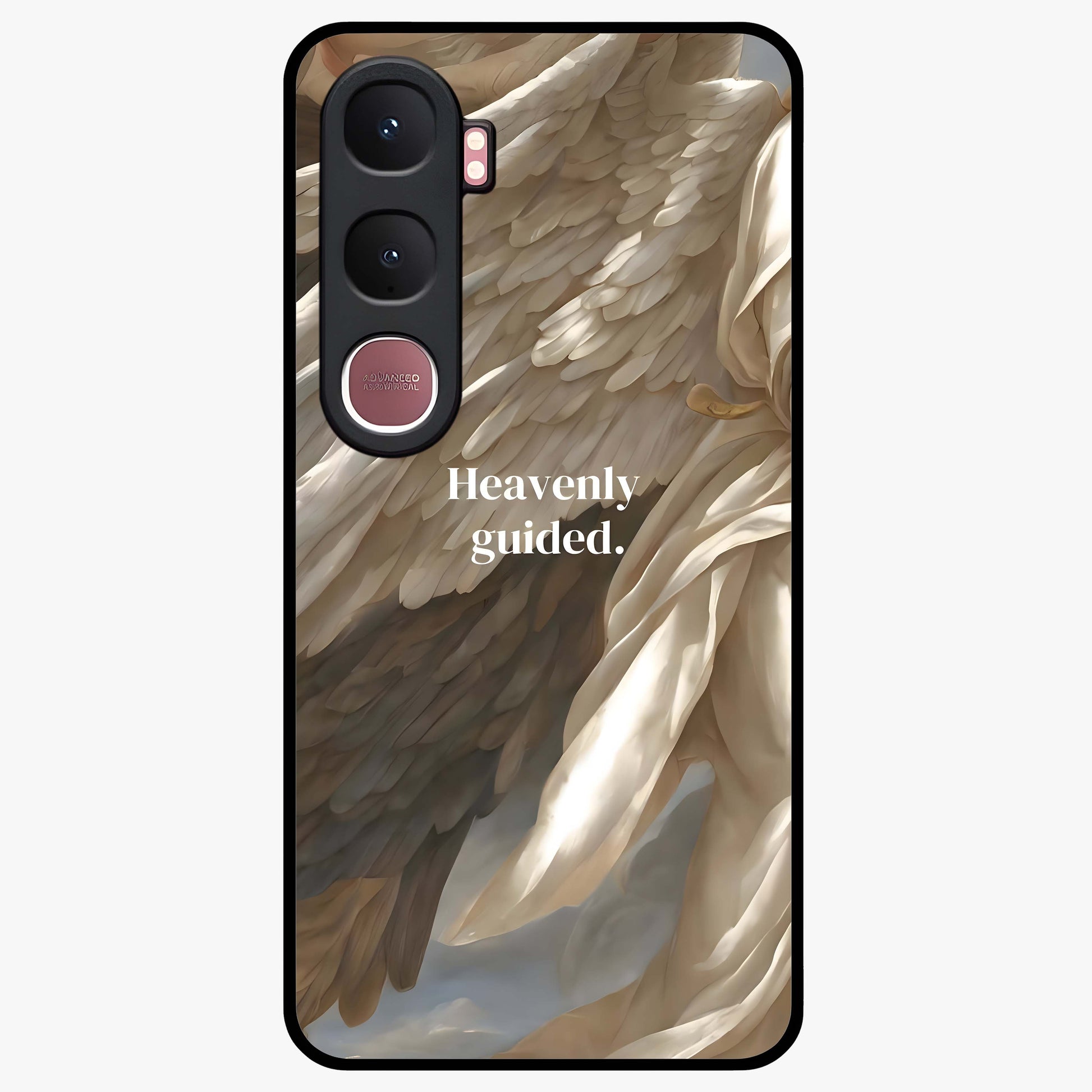 Divine Winged Grace Glass Case showing flat back view with elegant wing inspired artwork and glossy glass finish.