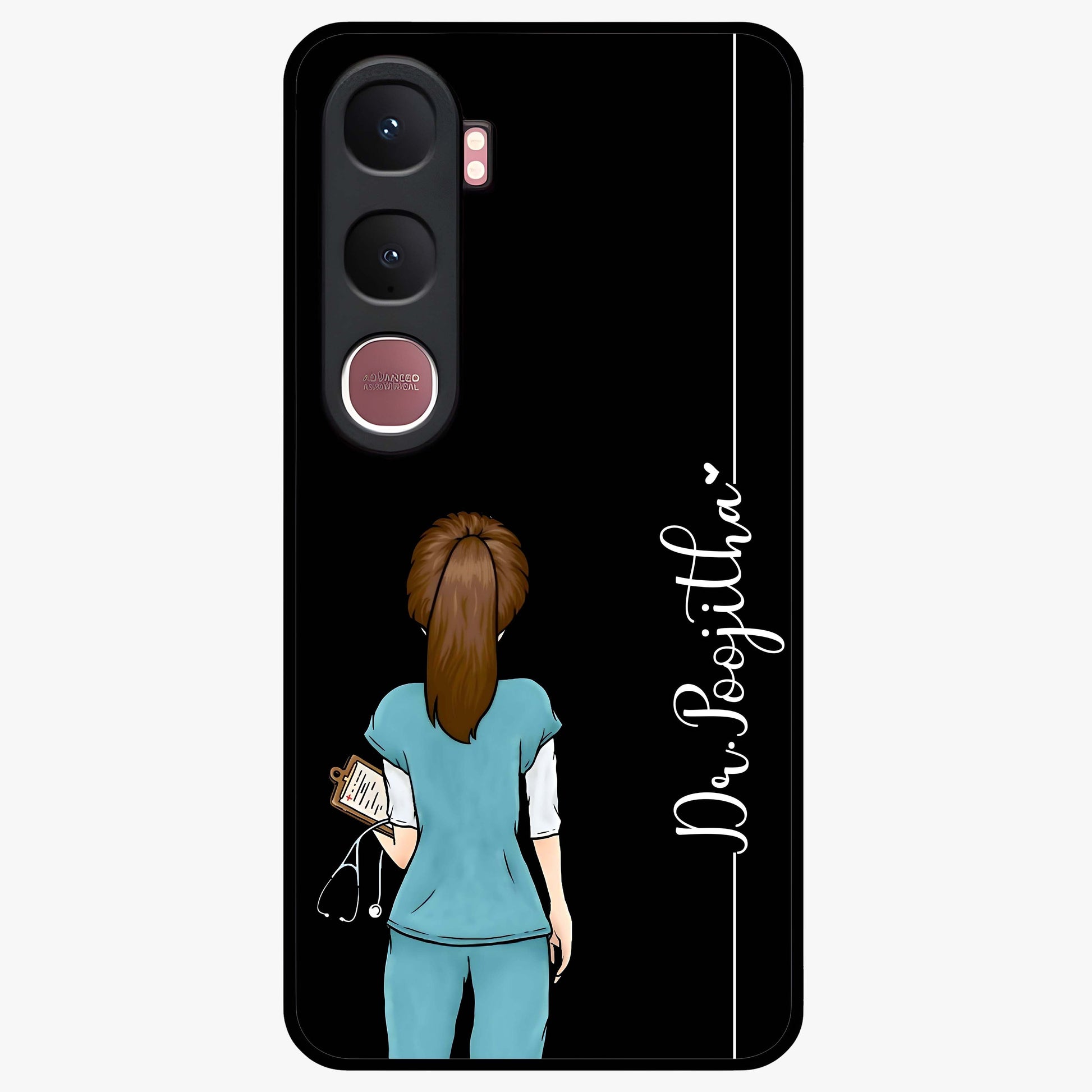 Doctor Pattern Custom Name Glass Case showing flat back view with medical themed pattern and personalized name design.