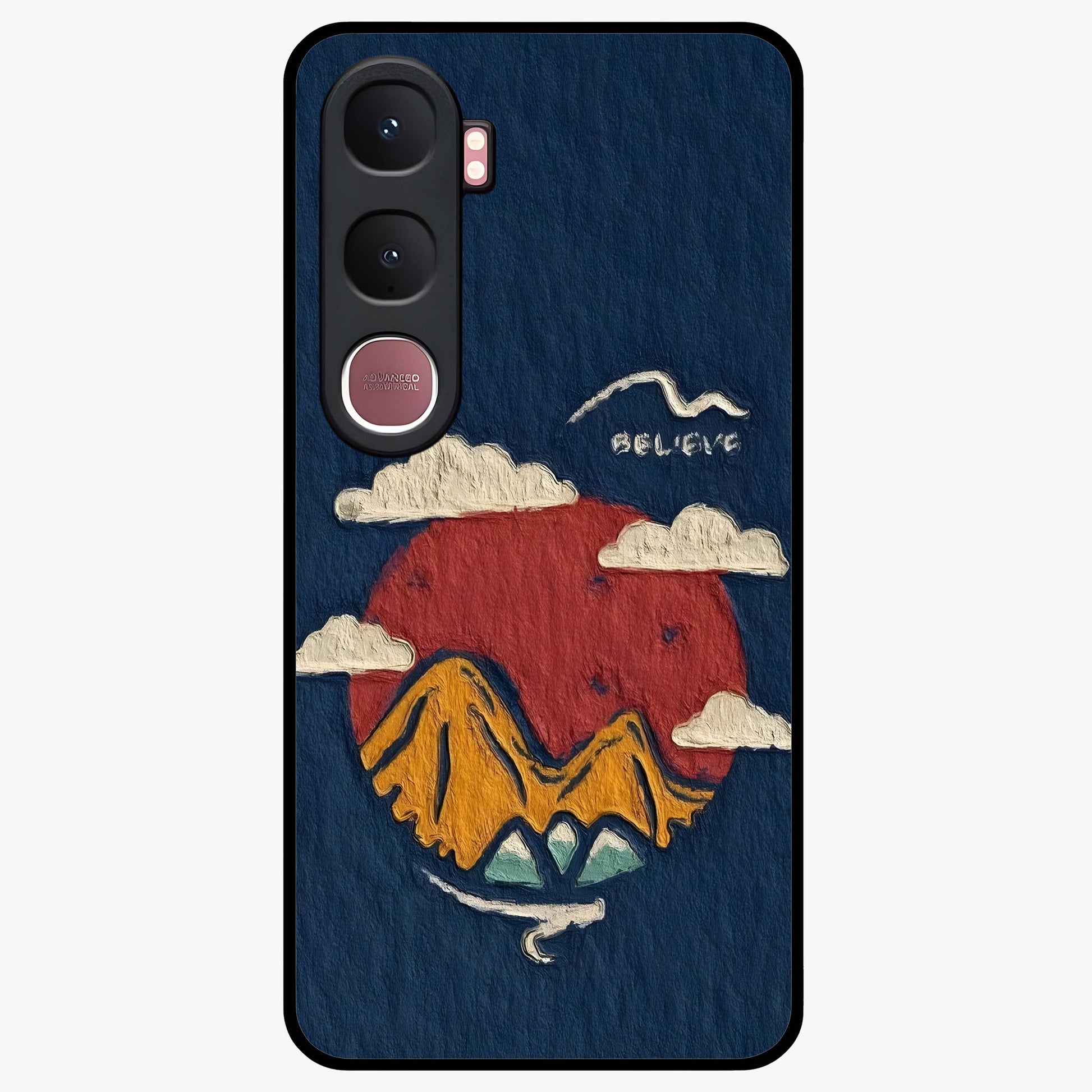 Dream Beyond Mountains Glass Case showing flat back view with scenic mountain landscape artwork and glossy glass finish.