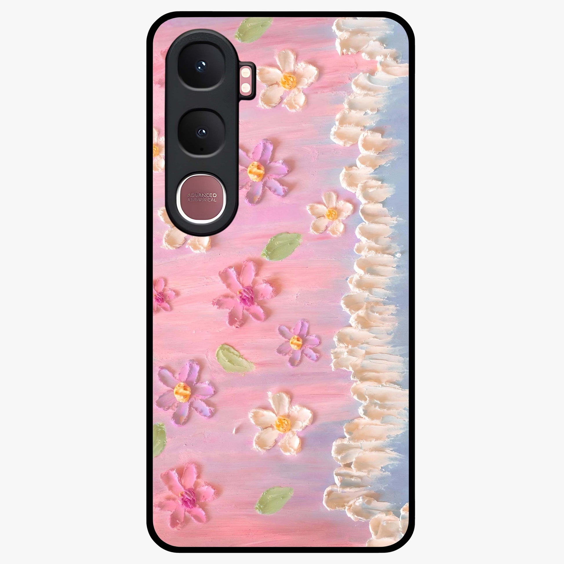 Dreamy Painted Garden Glass Case showing flat back view with artistic painted floral garden artwork and glossy glass finish.