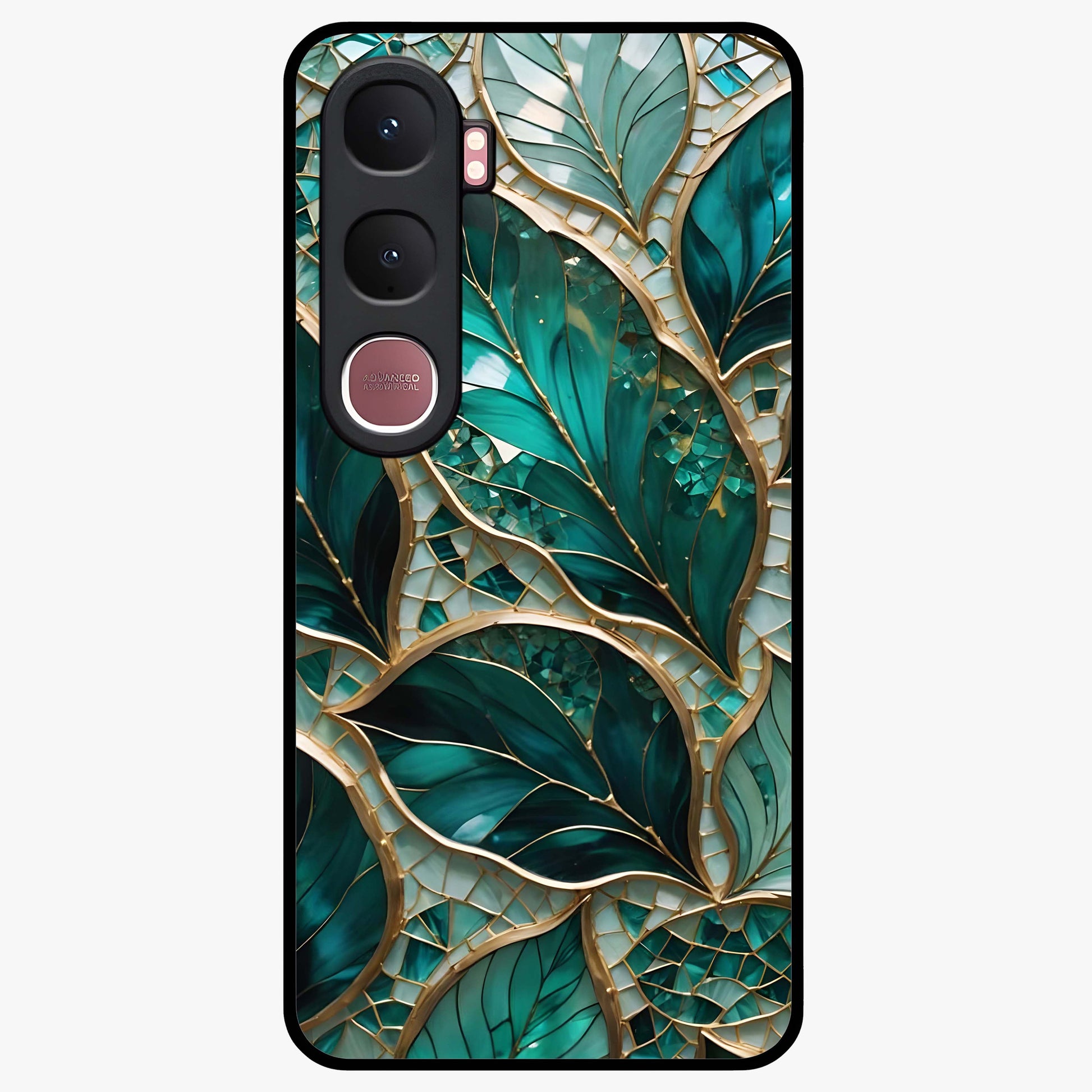 Emerald Leaf Glass Glass Case showing flat back view with emerald green leaf artwork and glossy glass finish.
