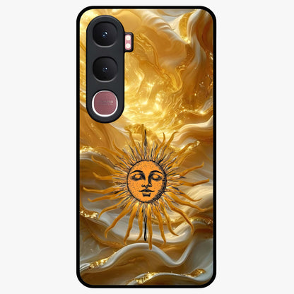 Eternal Golden Glow Glass Case showing flat back view with radiant golden themed artwork and glossy glass finish.