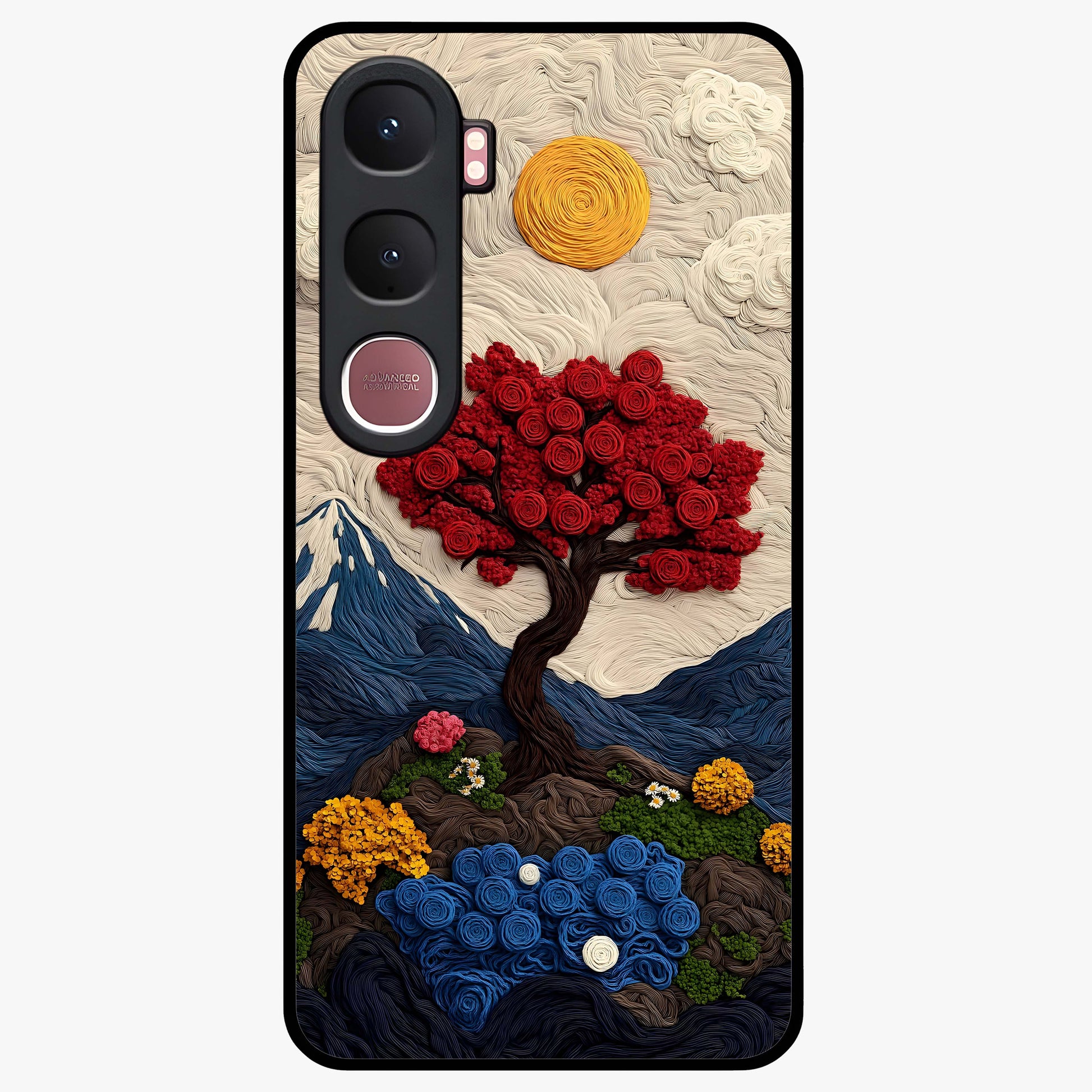 Eternal Nature Tapestry Glass Case showing flat back view with intricate nature tapestry artwork and glossy glass finish.