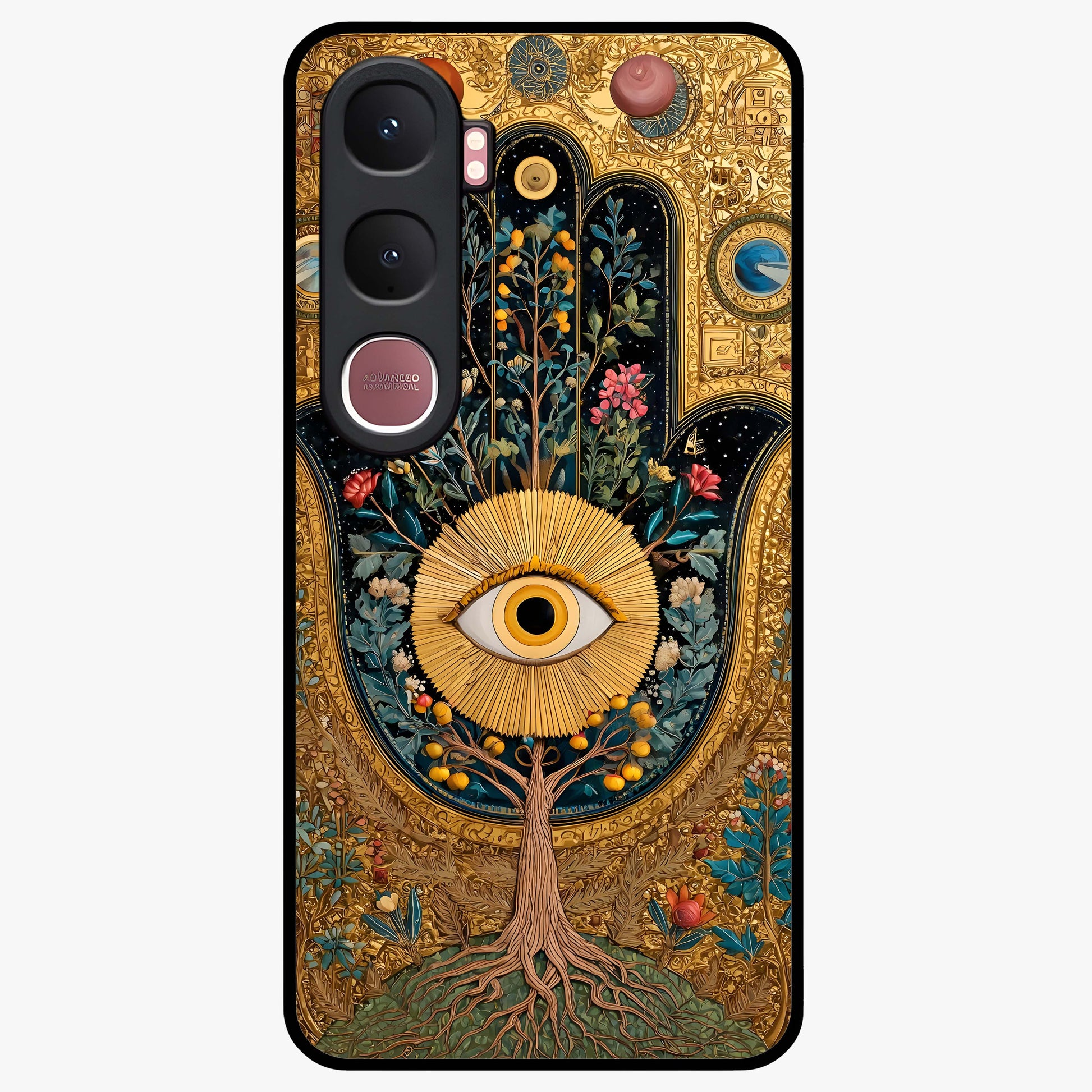 Ethereal Evil Eye Glass Case showing flat back view with mystical evil eye artwork and glossy glass finish.