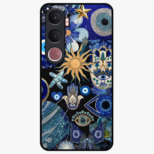 Evil Eye Charm Mix Glass Case showing flat back view with multiple evil eye charms artwork and glossy glass finish.